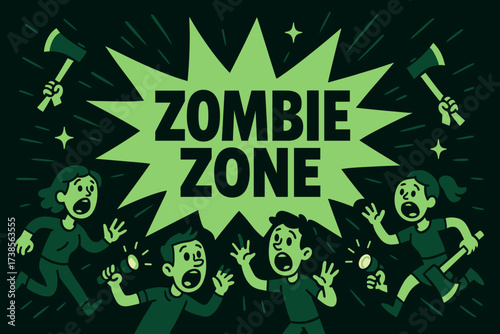 Zombie Zone Panic. ZombieZone banner, flat vector illustration, bold oversized text inside splash explosion shape, cartoon characters running and screaming