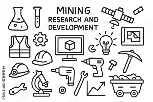 Mining Lab Doodle Icons. Hand-drawn doodle illustration Mining research and development lab flask, test tube, blueprint, computer, satellite, gear, light bulb,