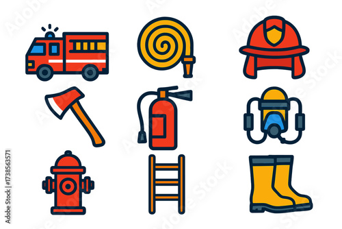 Fire Rescue Icons. Flat vector icons of fire rescue: fire engine, fire hose, firefighter helmet, axe, fire extinguisher, breathing