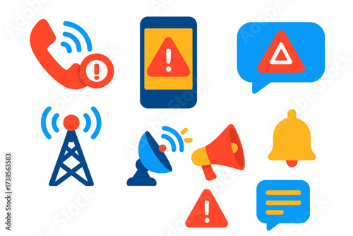 Crisis Communication Icons. Flat vector icons of crisis communication: emergency hotline, smartphone alert, SMS warning, broadcast