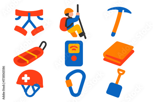 Mountain Rescue Icons. Flat vector icons of mountain rescue: rope harness, climber, ice axe, rescue sled, avalanche beacon,