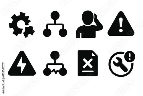 Operational Risk Icons. Solid, filled icon set of operational risk: machinery breakdown, process failure, human error, safety hazard, equipment warning,