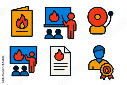 Fire Safety Icons. Flat vector icons of fire safety education: safety brochure, classroom pointer, fire drill bell, demonstration
