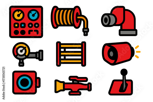 Fire Engine Icons. Flat vector icons of fire engine components: pump panel, hose reel, intake valve, discharge gauge, ladder rack,
