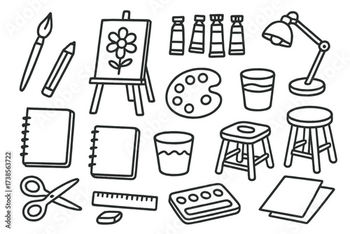 Art Studio Essentials. Hand-drawn doodle illustration art studio essentials paintbrush, canvas, easel, palette, paint tubes, pencil, sketchbook, lamp, stool,