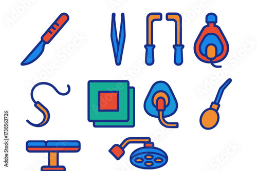 Surgical Instruments Icons. Flat vector icons of surgical instruments: scalpel, forceps, retractors, suture needle, surgical drape