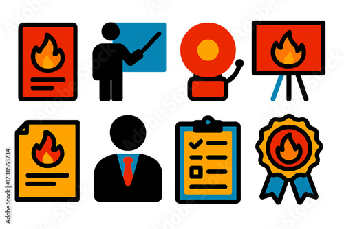 Fire Safety Icons. Flat vector icons of fire safety education: safety brochure, classroom pointer, fire drill bell, demonstration