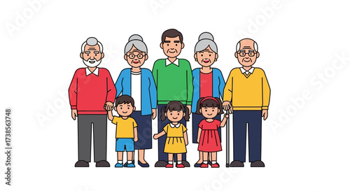 Illustration of a Happy Multi-Generational Family Standing Together Representing Unity and Love