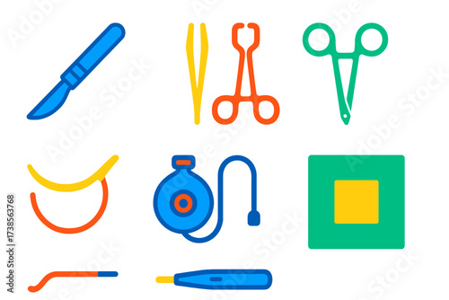 Surgical Instruments Icons. Flat vector icons of surgical instruments: scalpel, forceps, retractors, surgical scissors, suture