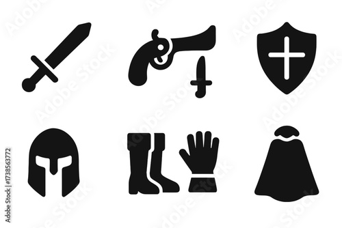 Duel Equipment Icons. Solid, filled icon set of duel equipment: sword, pistol, dagger, shield, helmet, boots, gloves, cloak. Solid, filled icons in only black