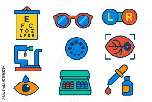 Modern Ophthalmic Icons. Flat vector icons of ophthalmology: eye chart, eyeglasses, contact lens case, slit lamp, pupil gauge,