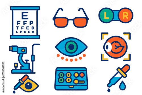 Modern Ophthalmic Icons. Flat vector icons of ophthalmology: eye chart, eyeglasses, contact lens case, slit lamp, pupil gauge,