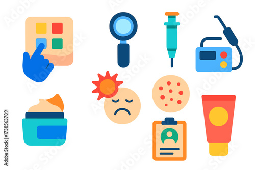 Dermatology Care Icons. Flat vector icons of dermatology care: skin patch test, dermatoscope, biopsy punch, cream tube, sunburn