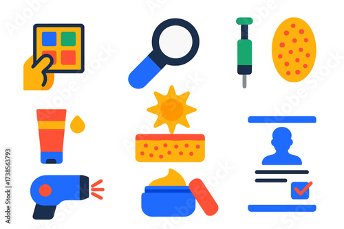 Dermatology Care Icons. Flat vector icons of dermatology care: skin patch test, dermatoscope, biopsy punch, cream tube, sunburn
