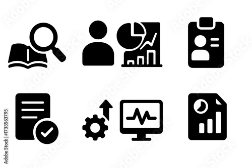 Advisor Workflow Icons. Solid, filled icon set of advisor workflow: research, analysis, presentation, review, approval, implementation, monitoring, reporting.
