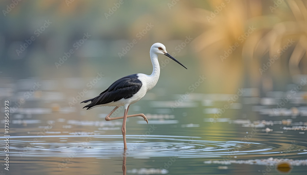 Fototapeta premium A black-winged stilt stands on one leg in shallow water, creating ripples. Soft sunlight highlights the serene landscape, enriching the morning scene with peaceful beauty
