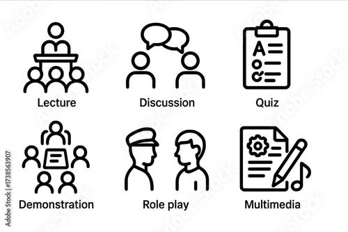 Teaching Methods Icons. Outline icon set of teaching methods: lecture, discussion, quiz, group work, demonstration, role play, project, multimedia. Line icons