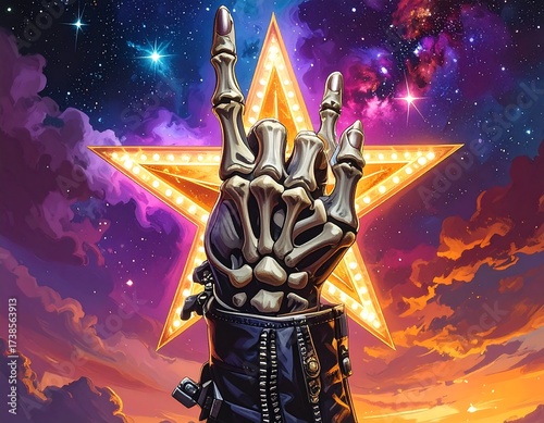 Rock Star Skeleton Hand Raised in Celebration.