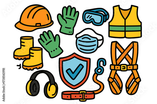 Colorful Safety Gear Icons. Protective equipment. Colorful Hand-drawn doodle Children illustration protective equipment helmet, gloves, goggles, safety vest,