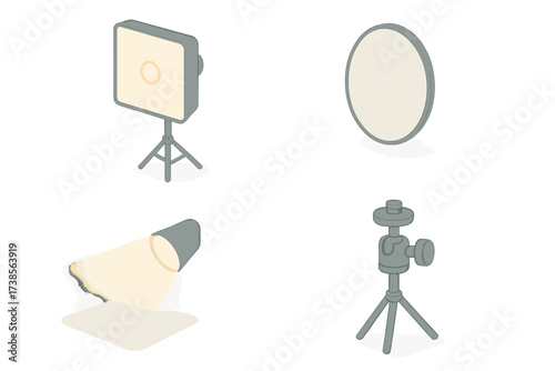 Isometric Lighting Equipment Icons. Isometric vector illustration set Light Reflector Shadow Softbox: square softbox on stand,