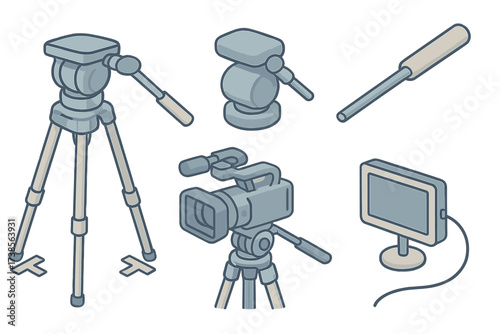 Video Camera Setup. Isometric vector illustration set Video Camera Tripod Setup: fluid pan head, camera tilt knob, tripod handle