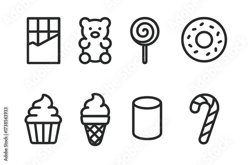 Sweet Treat Icons. Outline icon set of sweet snacks: chocolate bar, gummy bears, lollipop, donut, cupcake, ice cream cone, marshmallow, candy cane. [Line icons