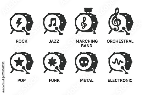 Diverse Drum Icons. Solid, filled icon set of bass drum music genres: rock, jazz, marching band, orchestral, pop, funk, metal, electronic. Solid, filled icons