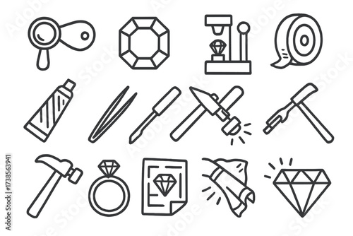 Gemstone Crafting Tools. Hand-drawn doodle illustration gemstone inspection loupe, magnifying glass, gemstone, faceting machine, polishing wheel, polishing