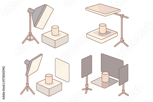 Isometric Lighting Setup. Isometric vector illustration set Product Photography Lighting Setup: softbox at 45-degree angle,