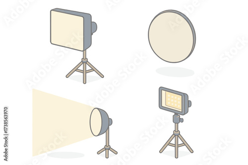 Isometric Lighting Equipment Icons. Isometric vector illustration set Light Reflector Shadow Softbox: square softbox on stand,