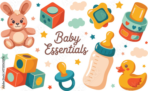 Baby Toys & Milk Bottle clip art vector on white background