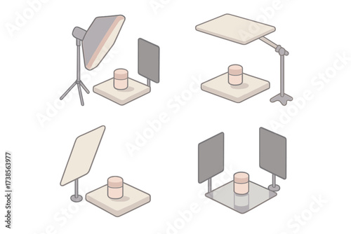 Isometric Lighting Setup. Isometric vector illustration set Product Photography Lighting Setup: softbox at 45-degree angle,