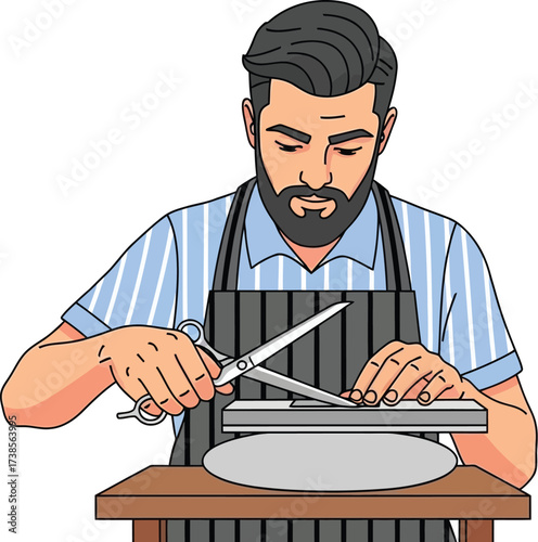 Vector art of barber sharpening scissors on whetstone