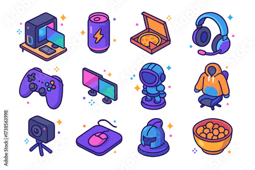 Gaming Icon Set. Gaming lifestyle. Colorful isometric vector icons set of gaming lifestyle: RGB-lit setup, energy drink, pizza box, headset, controller, dual