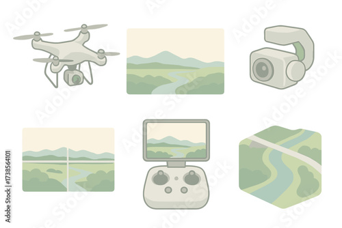 Drone Panoramic View. Isometric vector illustration set Drone Aerial Footage Panorama: quadcopter drone in flight, wide panoramic