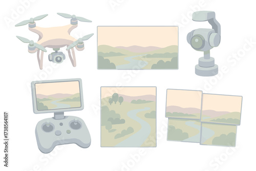 Drone Panoramic View. Isometric vector illustration set Drone Aerial Footage Panorama: quadcopter drone in flight, wide panoramic