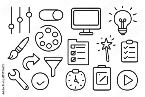 Creative Doodle Icons. Hand-drawn doodle illustration preset sliders, gear, toggle switch, computer screen, paintbrush, color palette, checklist, magic wand,