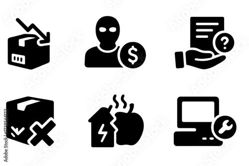 Business Loss Icons. Solid, filled icon set of loss types in business: inventory loss, theft, fraud, depreciation, write-off, damage, spoilage, obsolescence.
