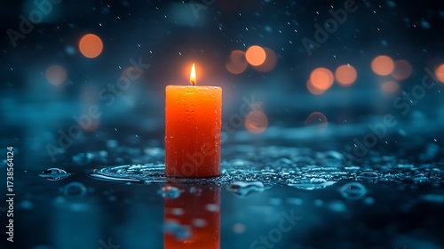 A DSLR shot focusing on a single candle burning gently on a stone surface, with soft shadows and warm light reflecting off the surrounding minimal decor