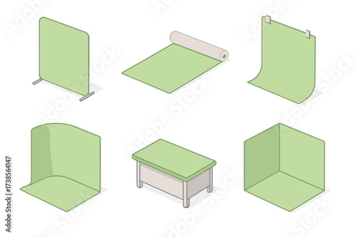 Isometric Green Screen Setups. Isometric vector illustration set Green Screen Types and Formats: collapsible pop-up green panel,