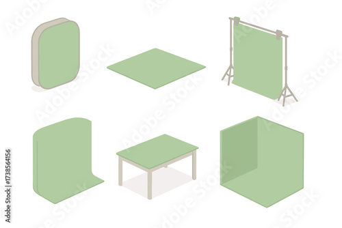 Isometric Green Screen Setups. Isometric vector illustration set Green Screen Types and Formats: collapsible pop-up green panel,