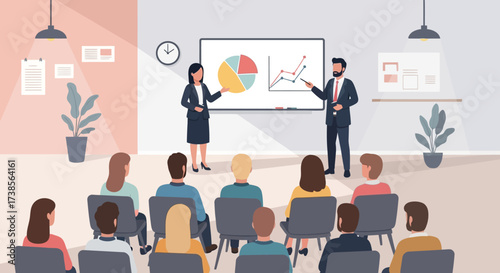 Business Professionals Presenting Data and Insights to an Engaged Audience During a Corporate Training Session