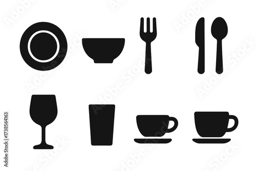 Tableware Icon Set. Solid, filled icon set of tableware: plate, bowl, fork, knife, spoon, wine glass, water glass, cup. Line icons in only black color. All