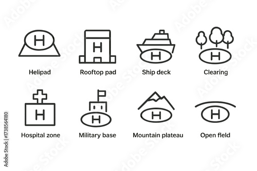 Helicopter Landing Icons. Outline icon set of helicopter landing zones: helipad, rooftop pad, ship deck, clearing, hospital zone, military base, mountain