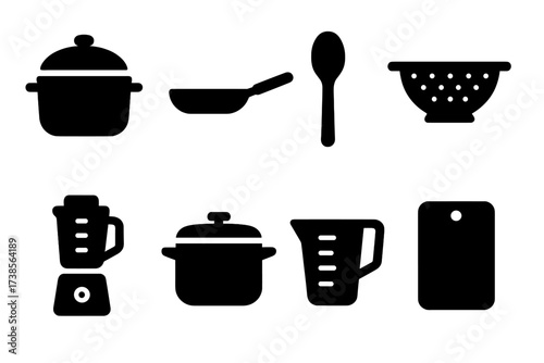 Legume Cooking Utensils. Solid, filled icon set of legume cooking utensils: pot, frying pan, wooden spoon, colander, blender, pressure cooker, measuring cup,