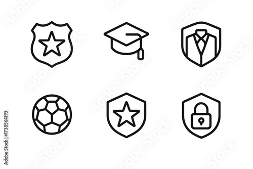 Industry Badge Icons. Outline icon set of badge industries: law enforcement, education, corporate, healthcare, sports, events, hospitality, security. Line