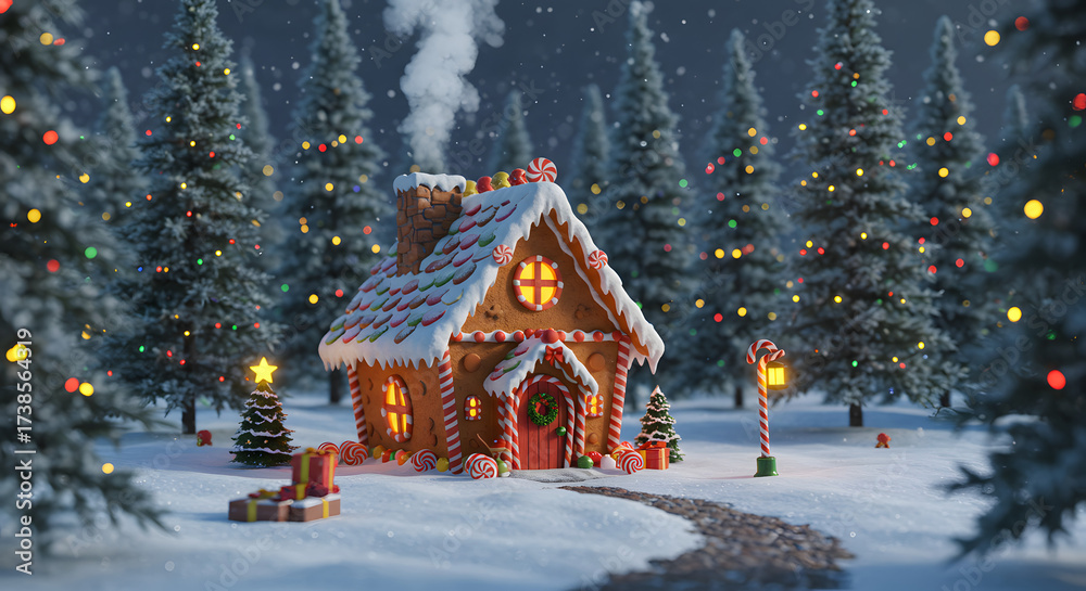 Fototapeta premium Whimsical Gingerbread House Nestled Amongst Snowy Festive Trees with Warm Glowing Windows
