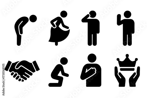 Royal Gesture Icons. Solid, filled icon set of royal gestures: bow, curtsy, handshake, salute, wave, kneeling, oath, crown raising. Solid, filled icons in only