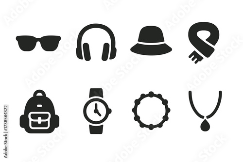 Vibe Accessories Icons. Solid, filled icon set of vibes accessories: sunglasses, headphones, hat, scarf, backpack, watch, bracelet, necklace. Solid, filled
