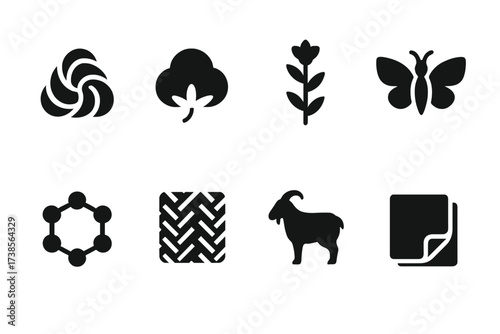Business Suit Fabrics Icons. Solid, filled icon set of business suit fabrics: wool, cotton, linen, silk, polyester, tweed, cashmere, velvet. [Solid, filled